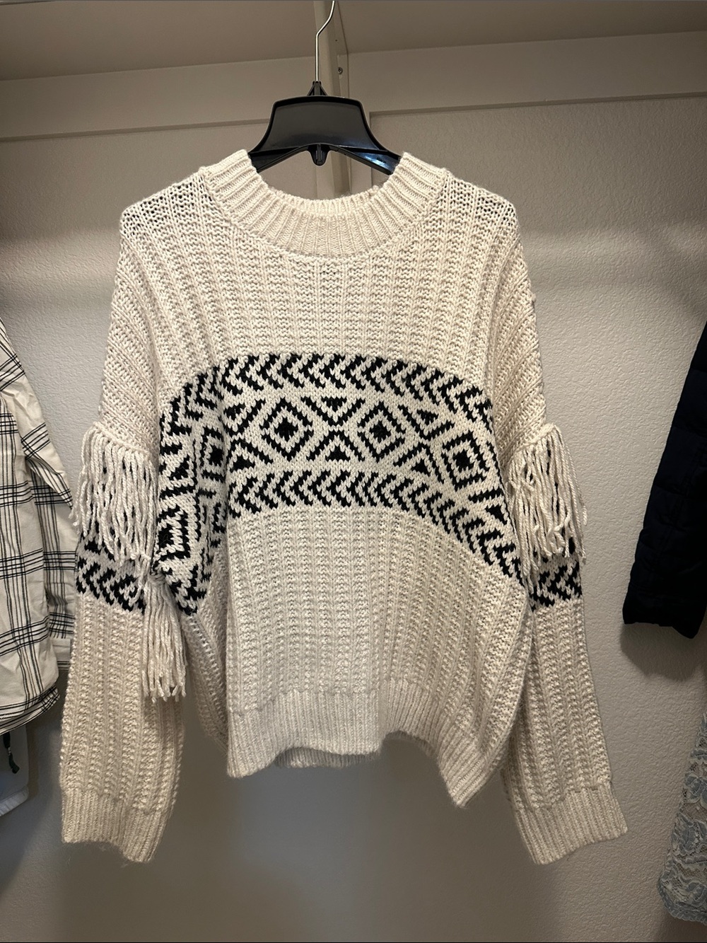 Sanctuary Ivory Sweater with Black Geometric Stripe and Fringe